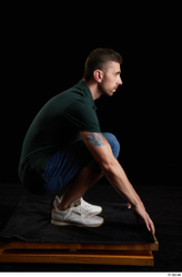 Whole Body Man White Casual Shirt Jeans Slim Kneeling Studio photo references